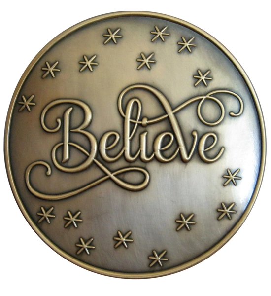 5 1/2" ANTIQUE GOLD PLATED "BELIEVE" BUCKLE- fits a 3 1/2 inch FITS A
