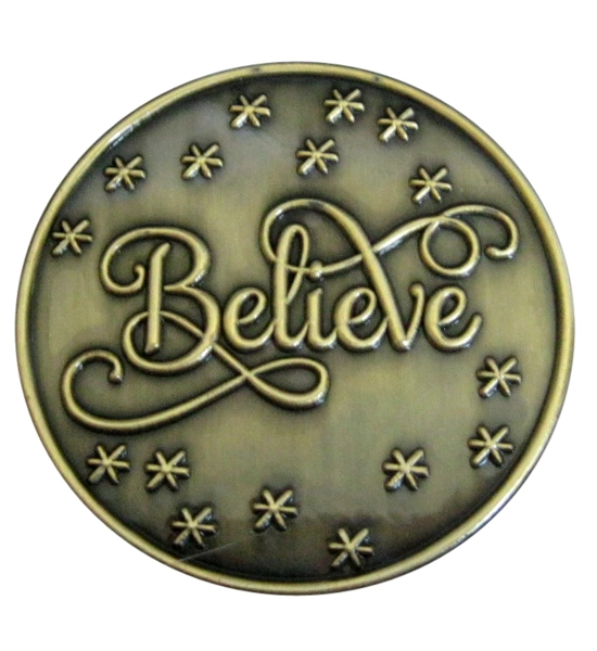 1 3/4" ANTIQUE GOLD PLATED "BELIEVE" BROOCH