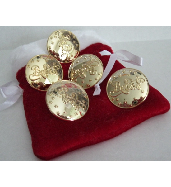 SET OF 5 LARGE 1 3/8" GOLD PLATED "BELIEVE" SEW ON BUTTONS