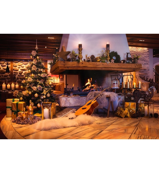 10x10FT Vinyl Xmas Fireplace Tree Guitar Background