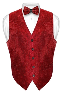 Men's SEQUIN Design Dress Vest Bow Tie RED Color..
