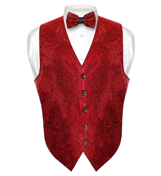 Men's SEQUIN Design Dress Vest Bow Tie RED Color BowTie Set