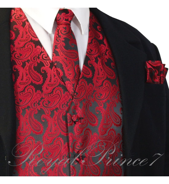 Men's Paisley Design Dress Vest and Neck Tie Hankie Set Red & Black