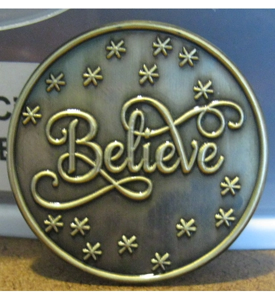 Antique Gold Believe 1" Lapel Pin, With Safty Pin Back