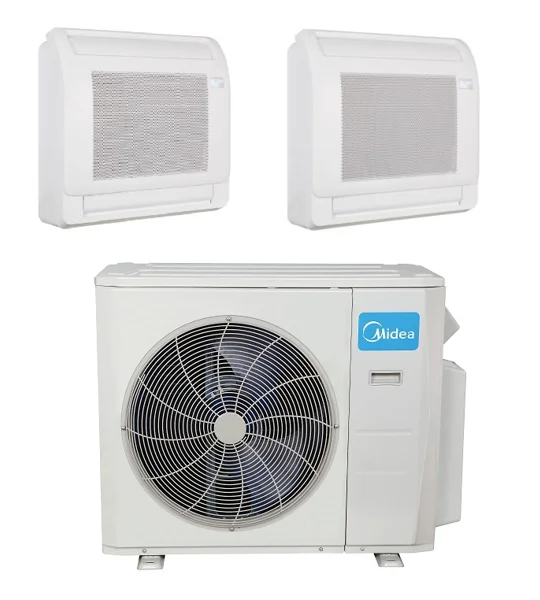 Midea 2-Zone Floor Console Mini Split H-Heat Pump (-22°F) E-Star: 22.4 SEER2/12 EER/9.5 HSPF (R410a)