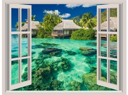 Tropical Island Beach Window View Repositionable Wall Sticker Wall Mural 36x27