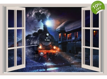 Locomotive Train Window View Repositionable Color Wall Sticker Wall Mural 3 FT