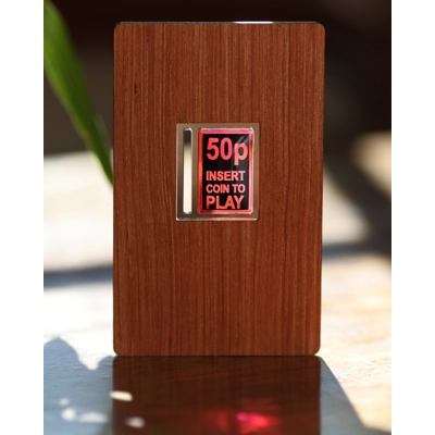 retro arcade coin slot - wooden stained glass greeting card