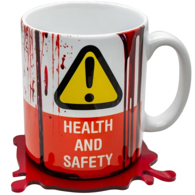 Health and Safety Mug with Bloody Coaster Health and Safety Mug with Bloody Coaster