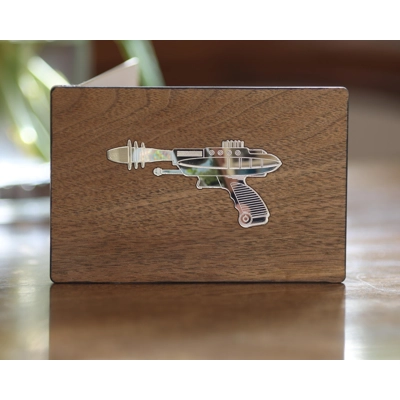 Handmade Retro Sci-Fi Raygun Stained Glass Suncatcher Greeting Card - Unique Geek Gift for him, husb