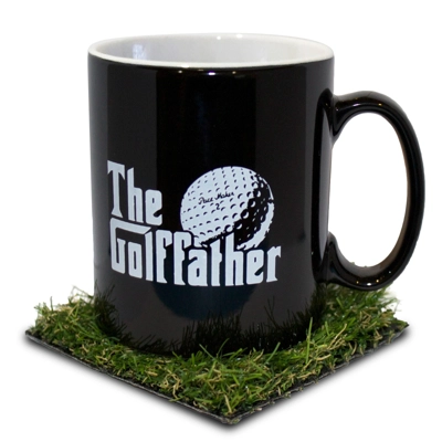 The Golffather - Funny Golf Mug with Grass Coaster! - Funny Mug Cup for golfing dad, husband, boyfri