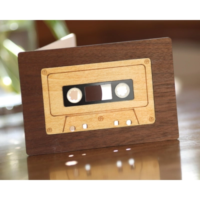 Retro Audio Cassette Wooden Stained Glass Style Birthday Card, Handmade Greeting Card, DJ Music Fan