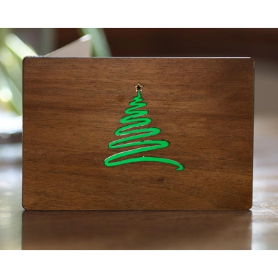 Swirly Christmas Tree Christmas Card Wooden Stained Glass Greeting Card, Handmade Gift Husband Wife