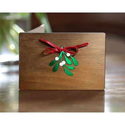 Mistletoe Christmas / Yule / Yuletide Wooden Stained Glass Greeting Card, Handmade Gift Husband Wife
