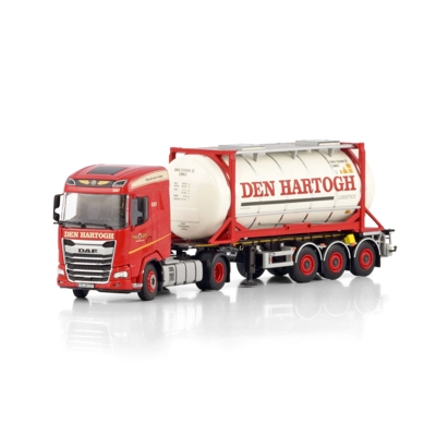 WSI TRUCK 1.50Den Hartogh; DAF XG 4X2 CONTAINER TRAILER - 3 AXLE + 20FT TANK CONTAINER title=