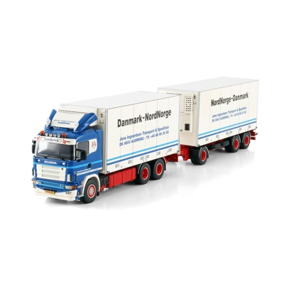 WSI TRUCK 1.50 Jens Ingvardsen; SCANIA R4 FLAT ROOF RIGED REEFER TRUCK 6X2 TAG AXLE RIGED REEFER DRA title=