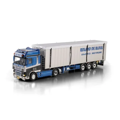 WSI TRUCK 1.50 Roland de Block; DAF 95XF SUPER SPACE CAB 4X2 VOLUME TRAILER - 3 AXLE title=