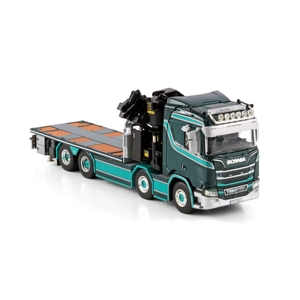 WSI MODELS 1.50 TM Hansen; SCANIA R NORMAL CR20N RIGED FLATBED TRUCK 8X2 TAG AXLE WITH PALFINGER PK