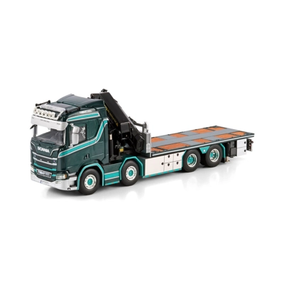 WSI MODELS 1.50 TM Hansen; SCANIA R NORMAL CR20N RIGED FLATBED TRUCK 8X2 TAG AXLE WITH PALFINGER PK title=