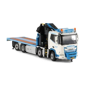 WSI Truck 1.50 van Hameren B.V.; DAF XD SL RIGED FLATBED TRUCK 8X2 TAG AXLE WITH PALFINGER PK 480 TE