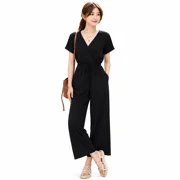 Short Sleeve V-Neck Wide Leg Jumpsuit with Drawstring Waist