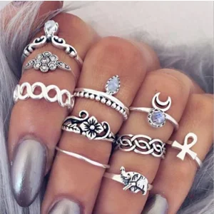Set of 10 Bohemian Midi Rings
