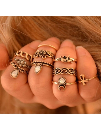 Set of 10 Bohemian Midi Rings