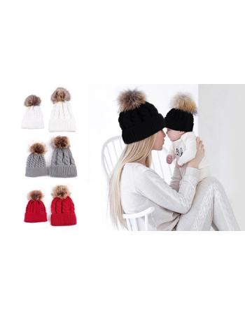 Mom and Baby pompom hat set