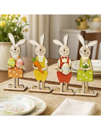 Easter Wooden Bunny Decorations Set of 4 – 2D Freestanding Rabbit Shelf & Table Ornaments
