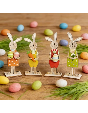 Easter Wooden Bunny Decorations Set of 4 – 2D Freestanding Rabbit Shelf & Table Ornaments