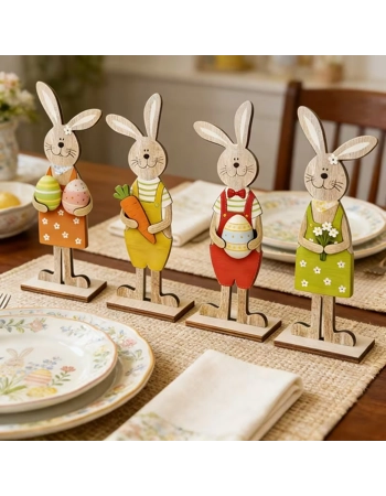 Easter Wooden Bunny Decorations Set of 4 – 2D Freestanding Rabbit Shelf & Table Ornaments