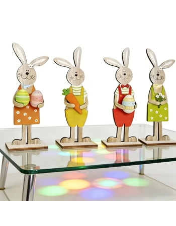Easter Wooden Bunny Decorations Set of 4 – 2D Freestanding Rabbit Shelf & Table Ornaments
