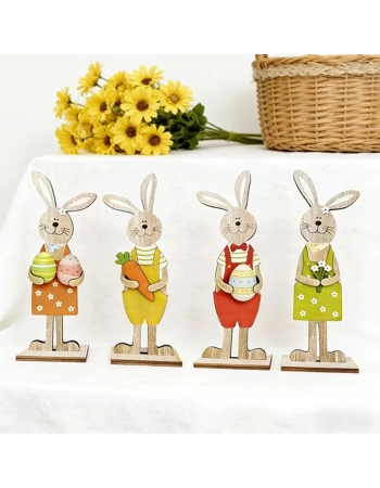 Easter Wooden Bunny Decorations Set of 4 – 2D Freestanding Rabbit Shelf & Table Ornaments