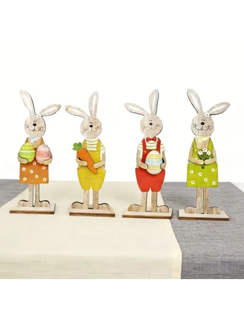 Easter Wooden Bunny Decorations Set of 4 – 2D Freestanding Rabbit Shelf & Table Ornaments