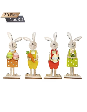 Easter Wooden Bunny Decorations Set of 4 – 2D Freestanding Rabbit Shelf & Table Ornaments