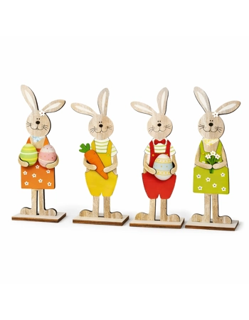Easter Wooden Bunny Decorations Set of 4 – 2D Freestanding Rabbit Shelf & Table Ornaments