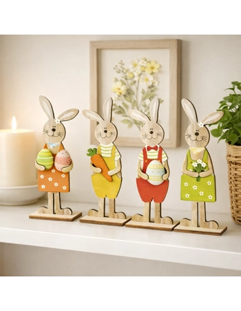 Easter Wooden Bunny Decorations Set of 4 – 2D Freestanding Rabbit Shelf & Table Ornaments