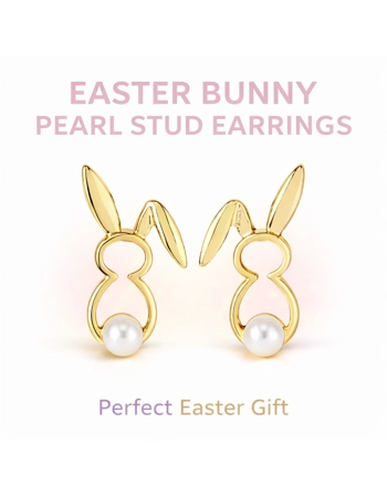 Gold Bunny Pearl Stud Earrin..