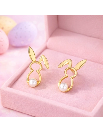 Gold Bunny Pearl Stud Earrings – Cute Easter Rabbit Jewellery for Women