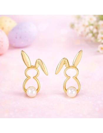 Gold Bunny Pearl Stud Earrings – Cute Easter Rabbit Jewellery for Women