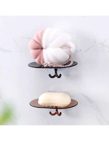 Self-Draining Wall-Mounted Soap Dish Holder with Hooks - Black Bathroom Organiser