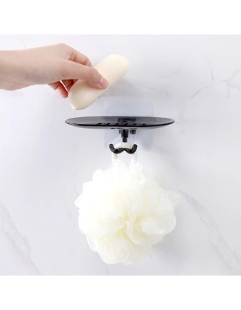 Self-Draining Wall-Mounted Soap Dish Holder with Hooks - Black Bathroom Organiser