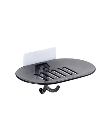 Self-Draining Wall-Mounted Soap Dish Holder with Hooks - Black Bathroom Organiser