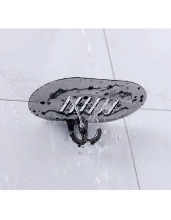 Self-Draining Wall-Mounted Soap Dish Holder with Hooks - Black Bathroom Organiser