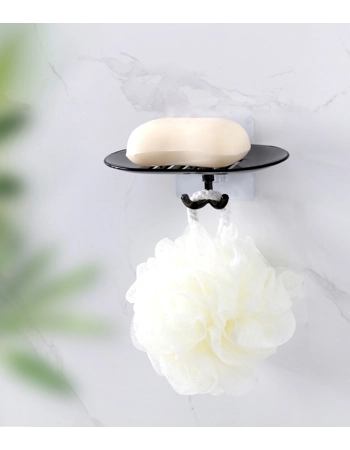 Self-Draining Wall-Mounted Soap Dish Holder with Hooks - Black Bathroom Organiser