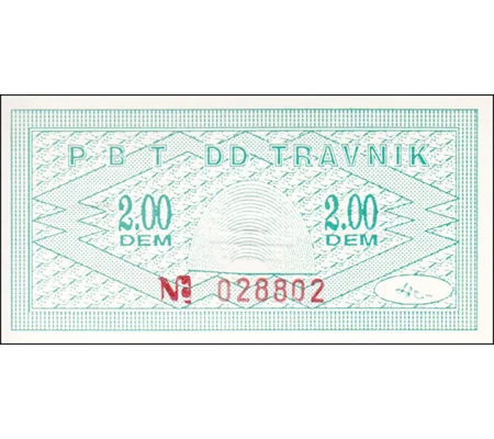 Bosnia-2 DM-Travnik-1992-B145a Emergency money - Unc
