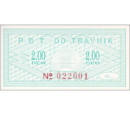 Bosnia-2 DM-Travnik-1992-B145b Emergency issue - Unc