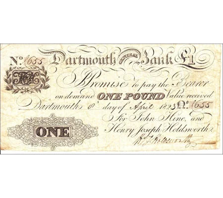1 Pound - 1823 - Dartmouth General Bank - hand signed