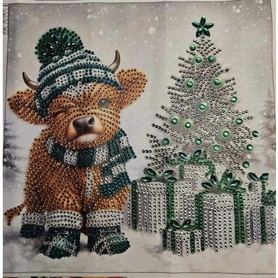 Holiday Highland Wooly Cow 12x12 Framed Rhinestone Art