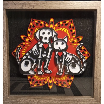 Day of Dead Cat & Dog 9x9 3-D Shadow Box Art